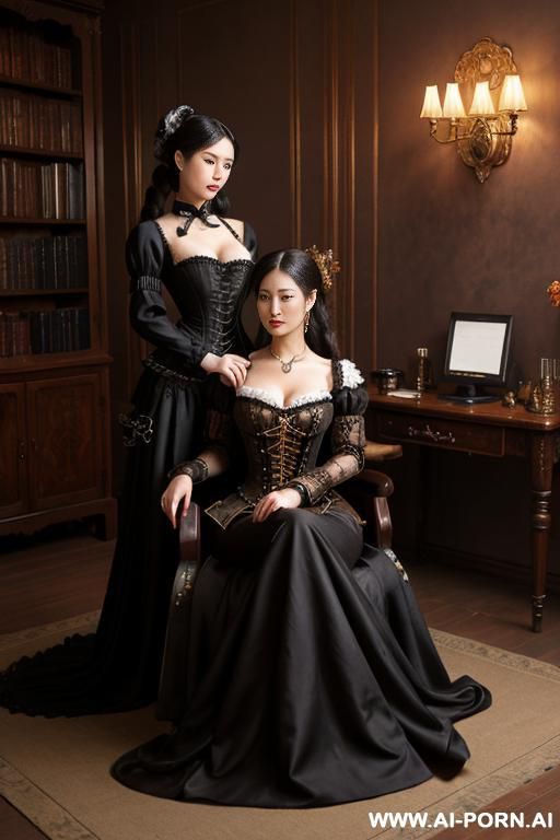 room, victorian dress, voluminous dress, full clothes, black dress, lying on lap, hugging each other, many housemaid in background - #main