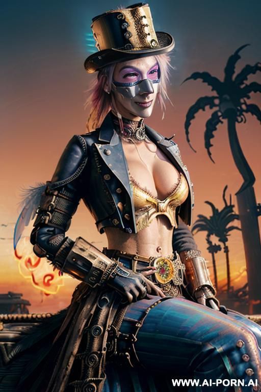 ((((masterpiece)))), (((woman sitting))), (glowing red eyes), (long blue purple and white hair with a flower), ((crop top white collar shirt with red tie)), ((((flaming angel wing)))), ((navy formal - #main