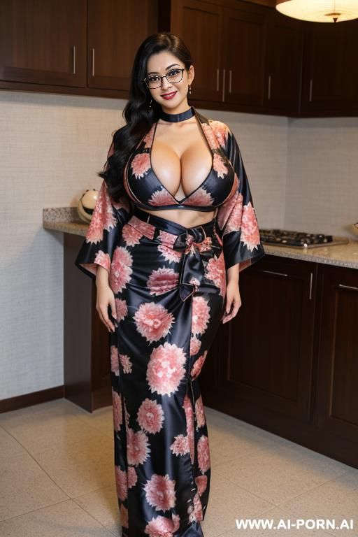 beautiful punjabi slut, gigantic bimbo breasts, teapered waist, gigantic hips, ((keep face)), ((keep body)), in mansion kitchen, wearing reading glasses, tattoos on body, tan skin - #main