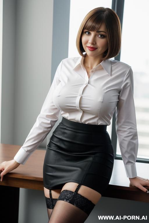 ukrainian babe, office shirt, pencil skirt, stockings, busty, big tits, straight hair, bobcut - #main