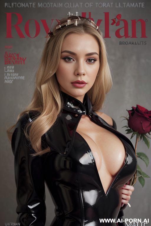 magazine cover. ultrarealistic. front faceing. detailed. gray background. beautiful. cleavage. red roses. spring. black latex coat - #main