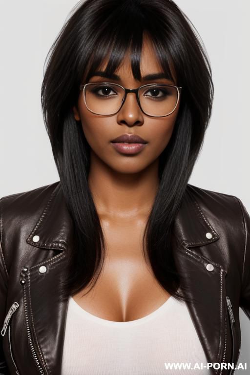 realistic.brown skin.white glasses.leather jacket. no shirt under it. - #main