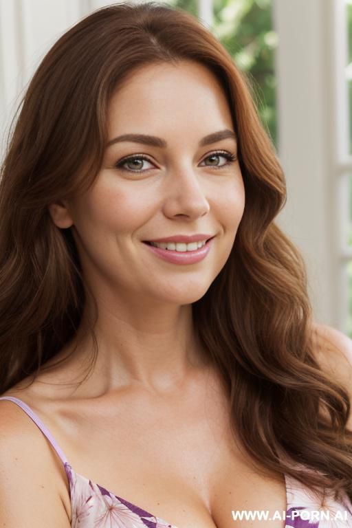 pretty american woman in her late thirties, classic womanly figure, softly rounded and lush body, full hips, generous natural breasts, natural beauty, thick wavy auburn hair that falls just past - #main