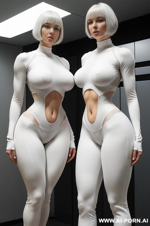 totally naked, futurist woman clones,(( white grey skin synthetic color)) narrow waist, saggy massive tits, ((wide hips)), big ass, round ass,((( thick thighs))), ((muscular legs)), full body view - #main
