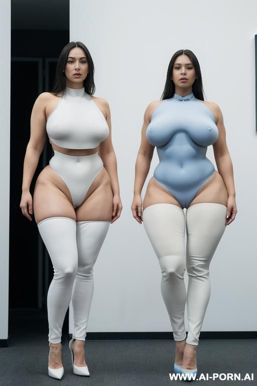 totally naked, futurist woman clones,(( white blue skin synthetic color)) narrow waist, saggy massive tits, ((wide hips)), big ass, round ass,((( thick thighs))), ((muscular legs)), full body view - #main