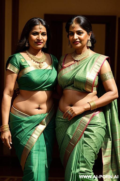 two ancient indian pudgy fifty years old queens in green sarees - #main