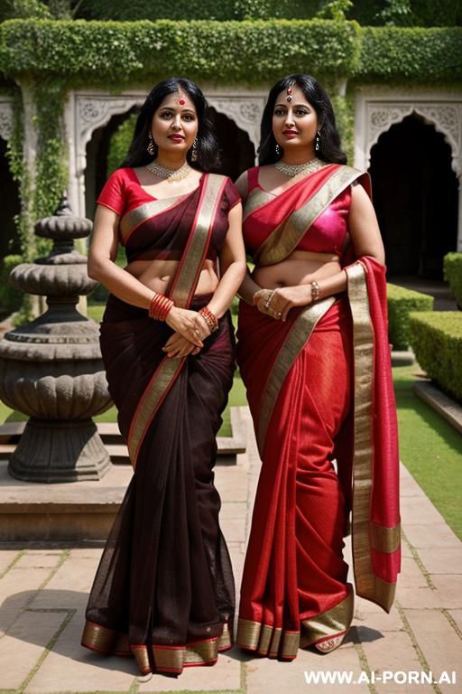 two ancient indian chubby fifty years old black haired queens in dark red sarees in a luxury garden - #main