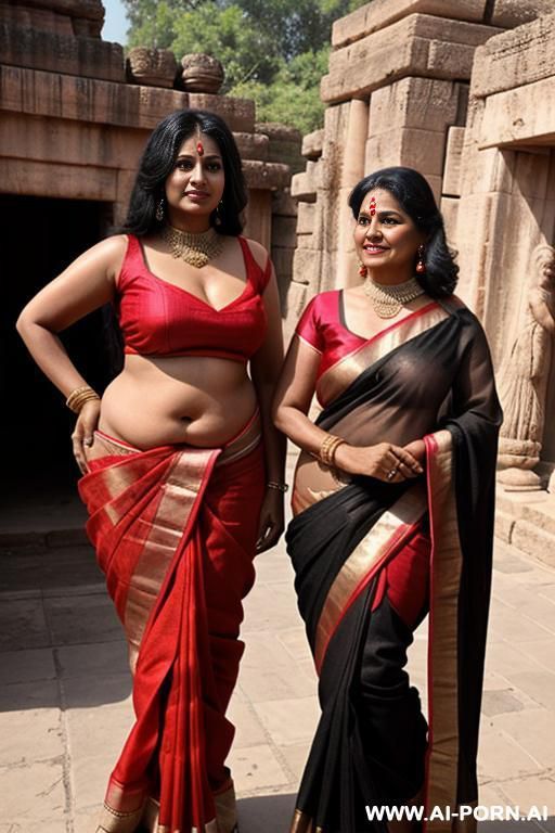 two ancient indian chubby fifty years old black haired queens in dark red sarees - #main
