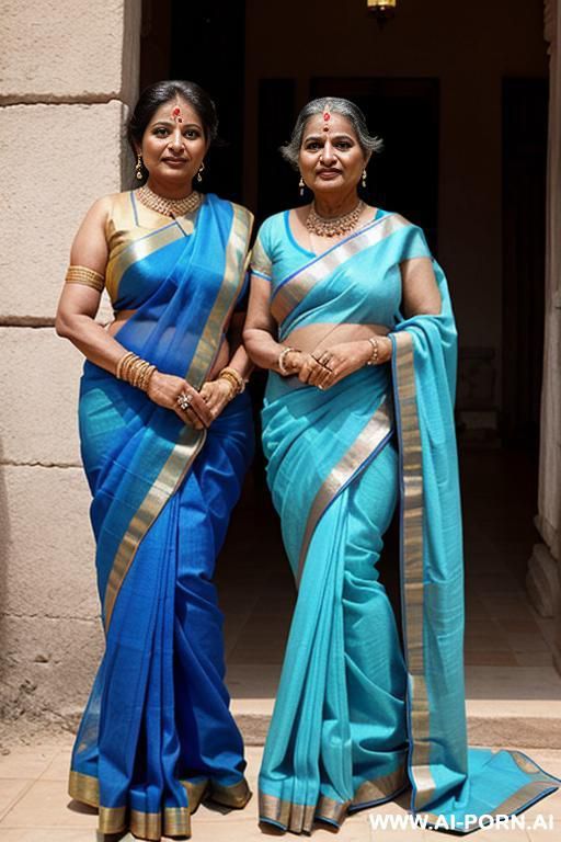 two ancient indian pudgy fifty years old queens in blue sarees - #main