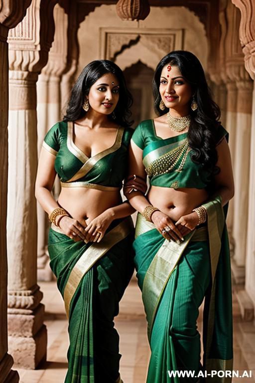 two ancient indian chubby fifty years old black haired queens in green sarees in a luxurious ancient indian palace - #main