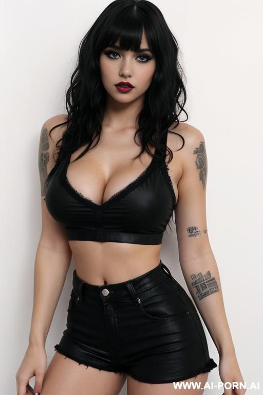 massive fake tits, fake lips, nude, tattoos, plain white background, medium wavy hair with bangs, sheer croptop , black shorts, alt makeup - #main