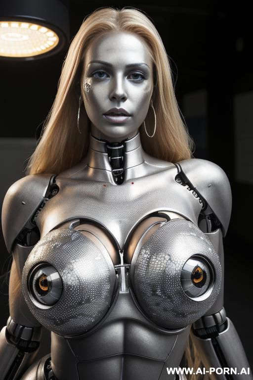 damaged robot, front view, close-up, lying on back on floor, scared face, beautiful, long straight blonde hair, big lips, wide jaw, heavy makeup, hoop earrings, pink nails, silicone skin, tan, - #main