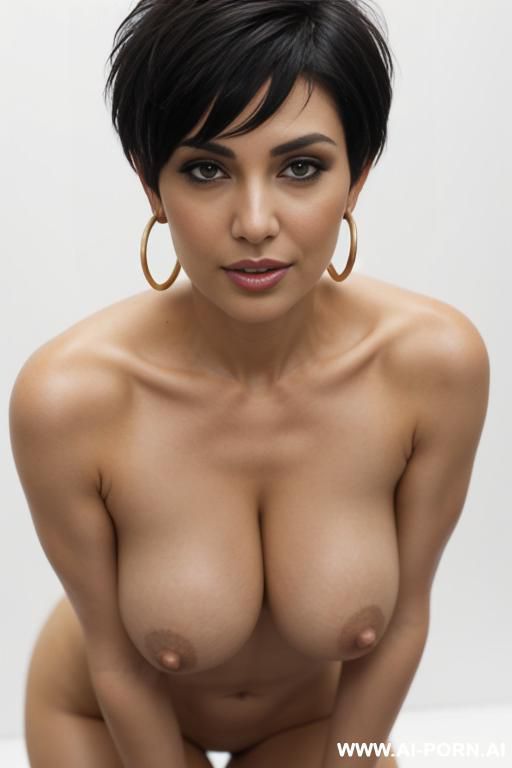 bent down, short hair, hoop earrings, white background, direct eye contact with viewer. - #main
