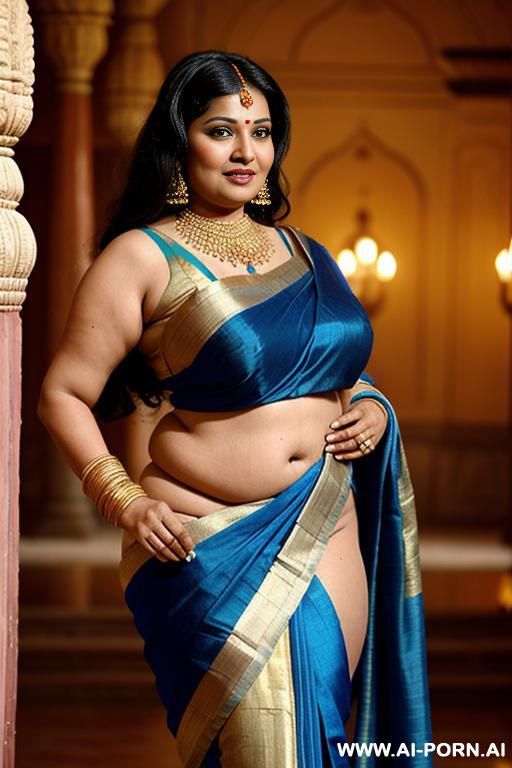 two fifty years old black haired ancient indian chubby queens in blue-golden saree in a luxurious colourful ancient indian palace are watching a full naked female dancer with shaved vagina - #main