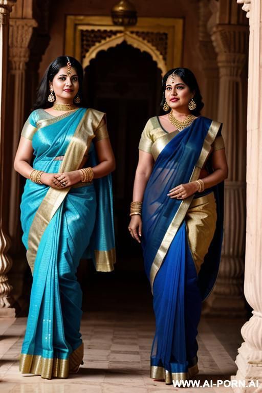 two fifty years old black haired ancient indian chubby queens in blue-golden saree in a luxurious colourful ancient indian palace - #main