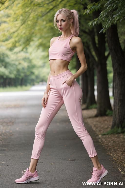 superskinny woman, walks through park with sport sneakers, sexy v-string thong , pretty, bitty breasts, round ass ,full body view, very long legs, very tall sexy model ,(( color pink outfit)) ((very thigh clothes)) - #main