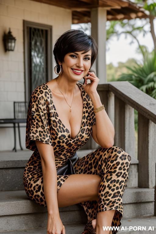 (((full body shot))), hoop earings, (stylish pixie haircut), (most beautiful women ever), (sexy milf), photorealistic image of an alluring sitting seductively on stone stairs, showing pussy, (legs - #main