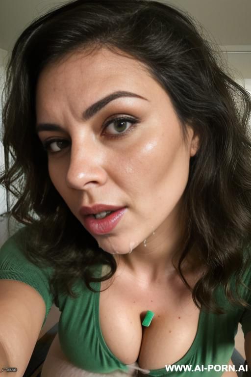 squeezing her breasts, green shirt - #main