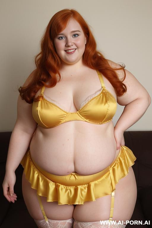 half body photo shot close up. a ((british obese fat bbw redhead)), ((thick with love handless)). ((wearing a yellow sexy and hot garter belt lingerie, and a dark-red ruffle silk micro-skirt)). she is smiling - #main