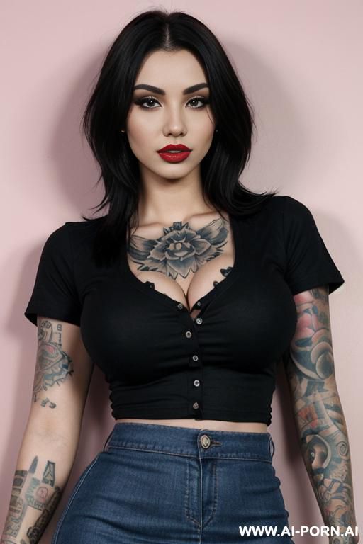 tattoos, massive fake silicone tits, fake lips, tattoos, front facing, full frontal shot, plain background, skirt, buttoned tshirt - #main