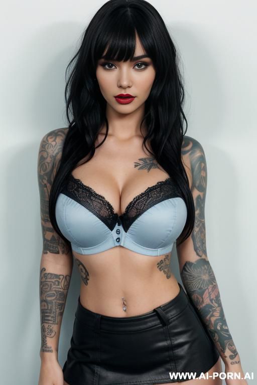 tattoos, massive fake silicone tits, fake lips, tattoos, front facing, plain background, black cloth microskirt, light blue collared unbuttoned tshirt, medium wavy hair with bangs, showing lace bra - #main