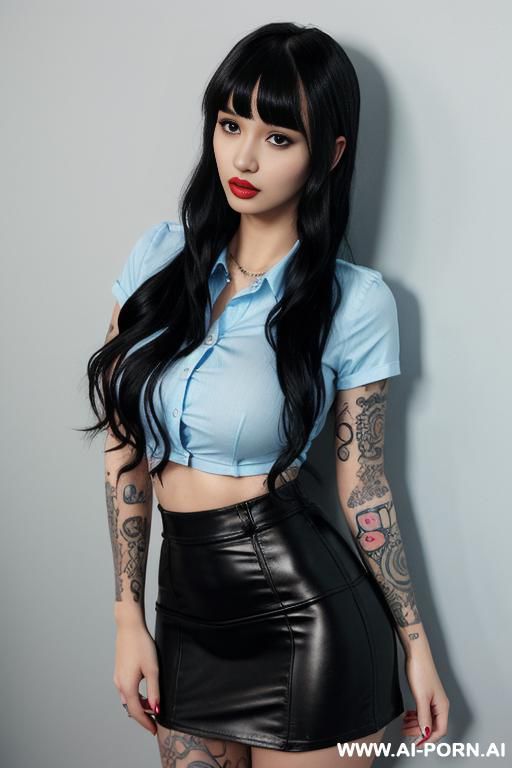 tattoos, massive fake silicone tits, fake lips, tattoos, front facing, plain background, black microskirt, light blue collared buttoned tshirt, medium wavy hair with bangs - #main
