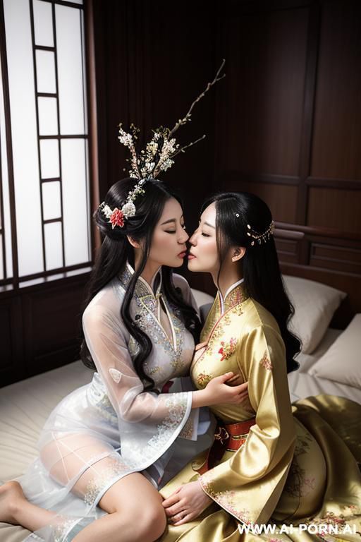 tea party, full clothes, pleated dress, chinese clothes, traditional clothes, chinese wedding, old china outfit , lights color coat , 2 womens, lying on bed, women on top, hugging each other, kissing, lying on another lab, multiple views - #main