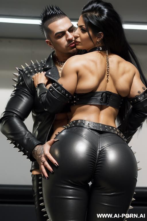 ((((persian rap milf hugging a muscular punk man)))) ((((((gigantic tits)))))) and (((long hair))), ((makeup)) , (((tight spiked black leather jacket))) (((tight spiked black leather hotpants))) (((boots))) ((((((big ass)))))) (((woman straddling a man))) - #main