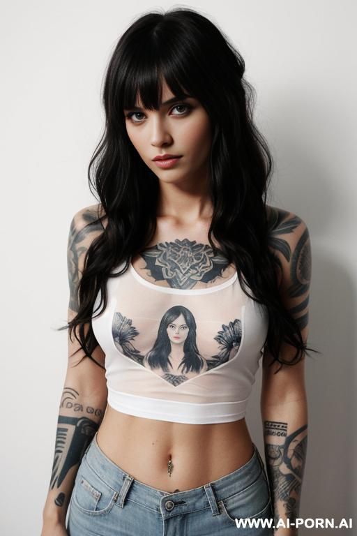 tattoos, chest, tattoos, front facing, plain background, medium wavy hair with bangs, completely sheer t-shirt, shorts - #main