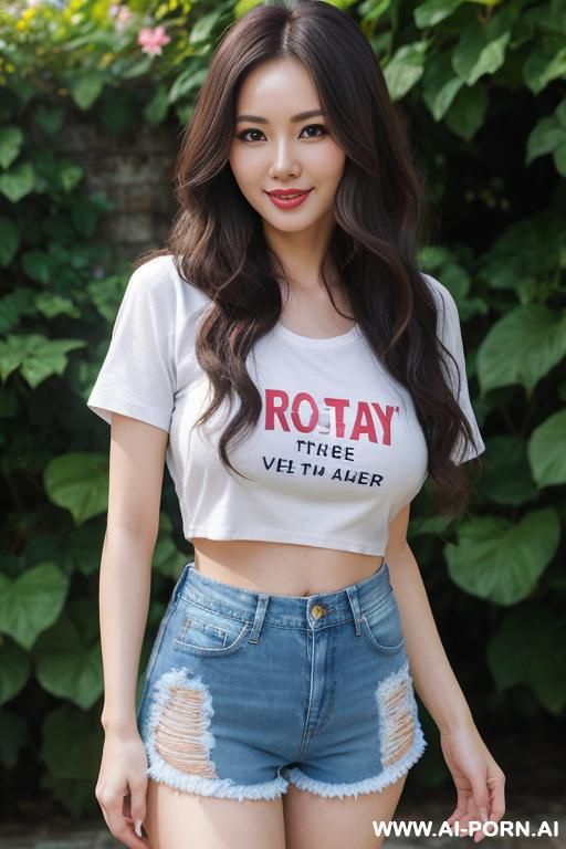 pretty, vietnamese, caucasian, 30, flowing wavy hair, dark brown hair, white skin, natural boobs, slight smile, makeup, eye shw, standing, spreading legs, cropped t-shirt, denim shorts, blurred background, walled garden background. - #main