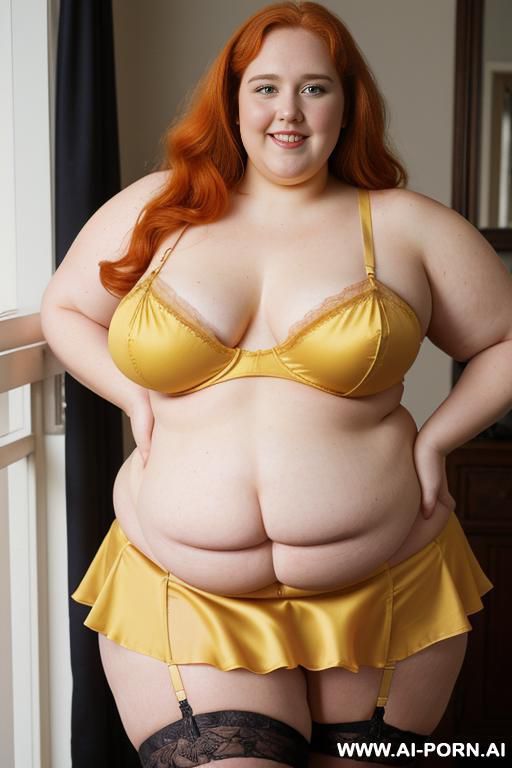 half body photo shot close up. a ((british obese fat bbw redhead)), ((thick with love handless)). ((wearing a yellow sexy and hot garter belt lingerie, and a dark-red ruffle silk micro-skirt)). she is smiling - #main