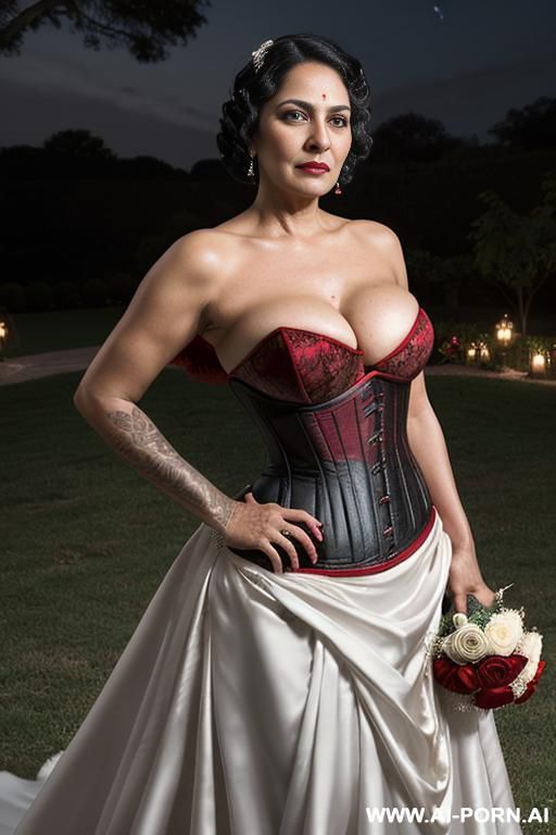((mature woman)), agressive makeup, (((red strapless corset wedding dress))) - #main