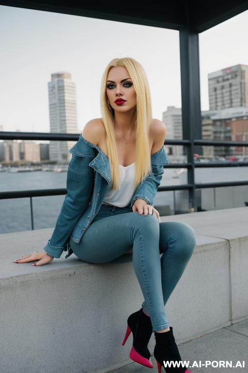 sexy pornstar tall long legs blonde long fluffy dense straight hairs big blue eyes goth style makeup big lips red lipstick dark eyeline slutty posein tight clothes pink jacket in tight jeans - #main