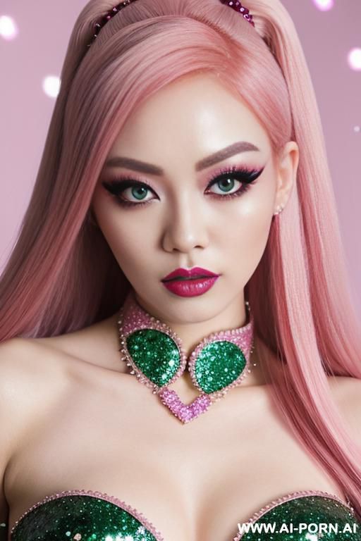a professional full body photography of a chinese model with red hair and blonde highlights, glitter makeup, heart-shaped crystals on her eyes, in the photo a kawaii pastel goth aesthetic, - #main