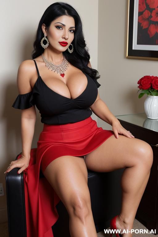 red skirt, black hair, persian woman, big natural boobs, milf, black top, cleavage, red lipstick, earrings, necklace, full body view - #main