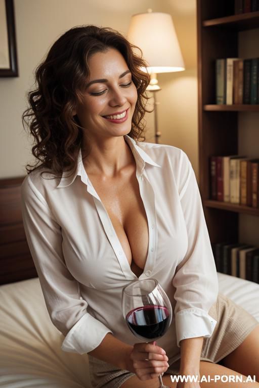 photograph, woman, brown hair, casual, indoors, holding wine glass, smiling, medium shot, bookshelf, papers, cozy atmosphere, photograph, mature woman, large breasts, wet skin, curly hair, closed eyes, - #main