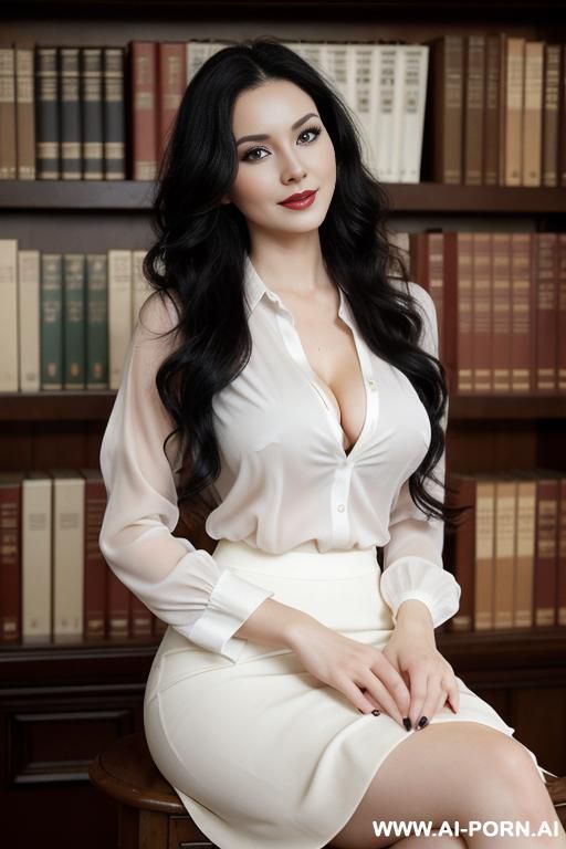 pretty, hungarian, 30, flowing wavy hair, black hair, white skin, natural boobs, hourglass figure, slight smile, makeup, eye shw, sitting, standing legs, blouse skirt, blurred background, old library background. - #main