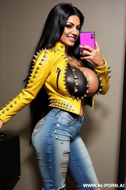 ((((persian rap milf)))) with ((((((gigantic tits)))))) and (((long hair))), ((makeup)) , (((tight spiked yellow leather jacket))) (((tight spiked jeans))) (((boots))) ((((big ass)))) (((selfie))) - #main