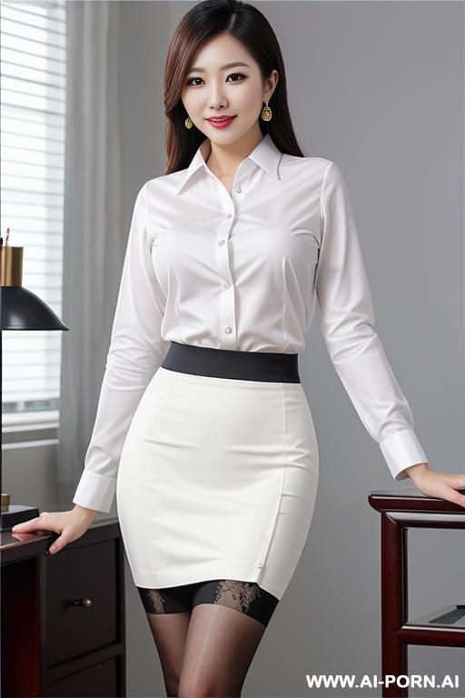 chinese office professional, white blouse, pencil skirt, stockings, graceful figure, closeup shot - #main