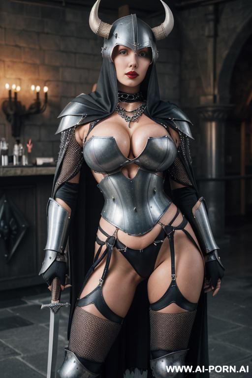((swedish woman holding sword))), (((saggy saggy saggy gigantic boobs))), monstruosly giant breasts, enormous tits, (((hour-glass figure))), ((deep massive cleavage)), ((white shiny skin)), huge ass with - #main