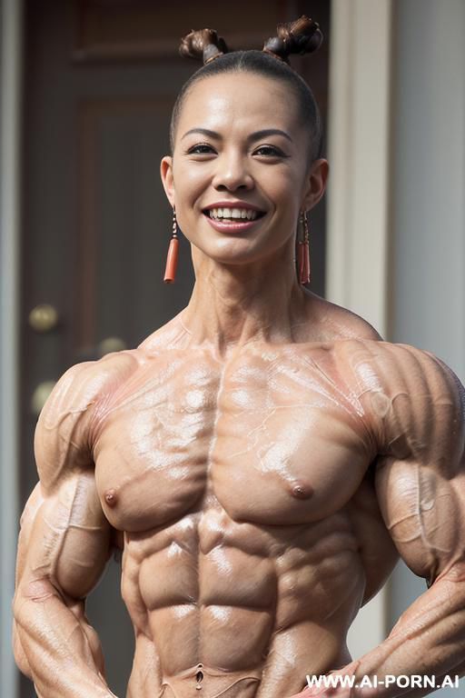 ((nude smiling very muscular short fbb chinese woman with rockhard pecs)), (((nude))), ((naked)), (((very white chinese skin with muscle veins))), ((freaky extreme sculpted abs)), ((nude very muscular - #main
