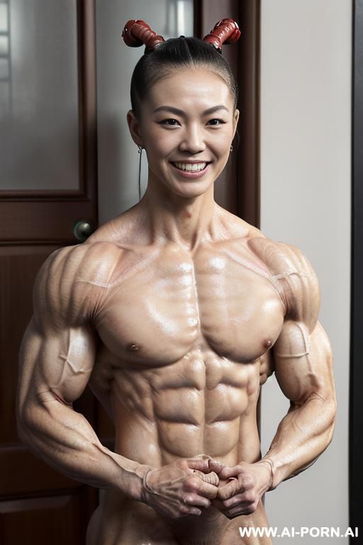 ((nude smiling very muscular short fbb chinese woman with rockhard pecs)), (((nude))), ((naked)), (((very white chinese skin with muscle veins))), (((freaky very muscular sculpted abs))), ((nude very - #main
