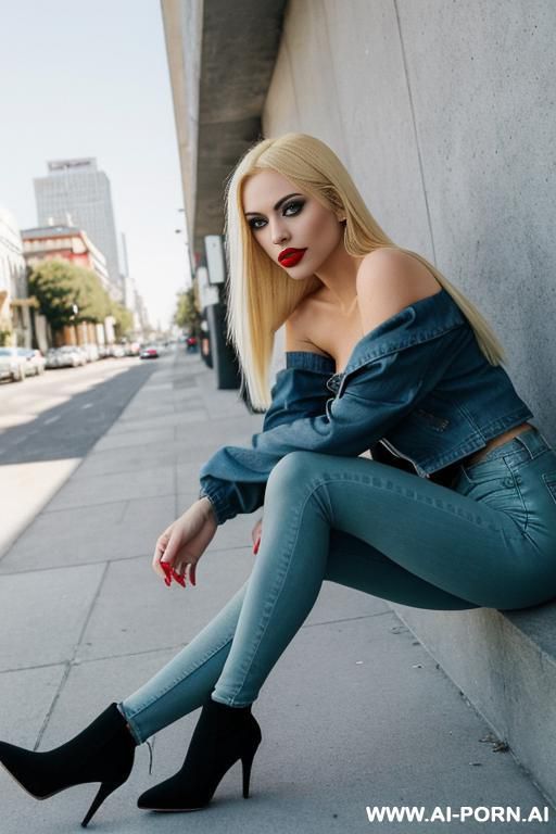 sexy pornstar tall long legs blonde long fluffy dense straight hairs big blue eyes goth style makeup big lips red lipstick dark eyeline slutty posein tight clothes pink jacket in tight jeans - #main