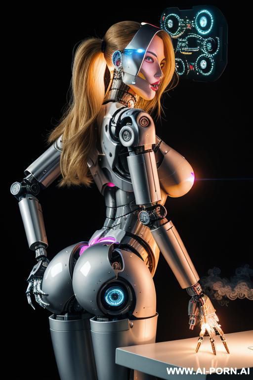damaged robot, back view, full body view, standing with legs apart, sticking out the ass, hands on desk, looking at viewer, angry face, shouting, beautiful, long straight blonde hair, big lips, - #main