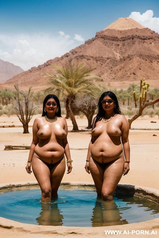 two chubby naked indian women, temple servants, flirting, (oasi water in the desert) - #main