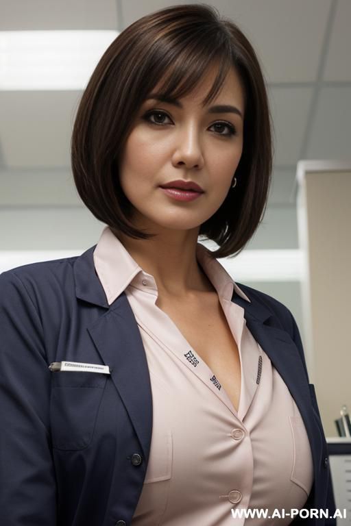 lab coat, (((office shirt))), g-cup tits, cougar, long bobcut hair - #main