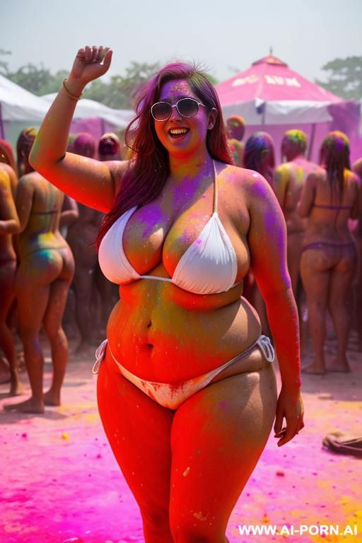 white wet bikini, playing holi festival with friends, thick thighs, full view and drop tits nude - #main
