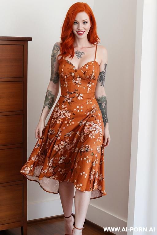 woman, ginger, no makeup, tattoo, floral summer dress, excited to see me - #main