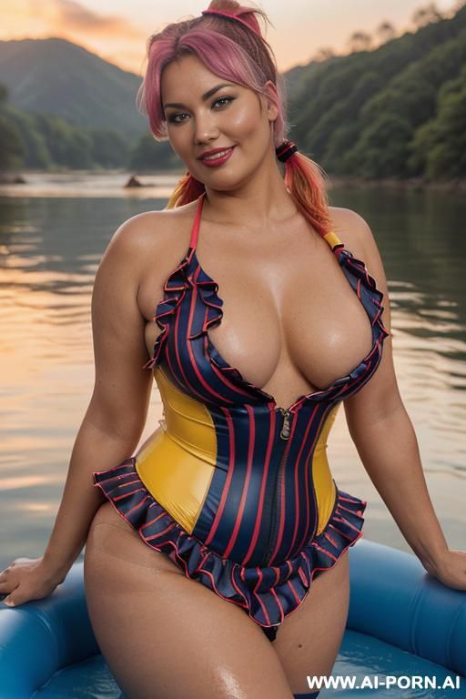 body phot a river bank.((british bbw (thick with love handless)). ((wearing a red tiger striped sexy and hot 1 piece swimsuit and a dark-blue ruffle silk micro-skirt)). she is smiling - #main