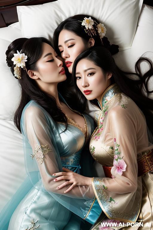 tea party, full clothes, pleated dress, chinese clothes, traditional clothes, chinese wedding, old china outfit , lights color sheer coat , 2 womens, lying on bed, women on top, hugging each other, kissing neck, lookimg at another - #main